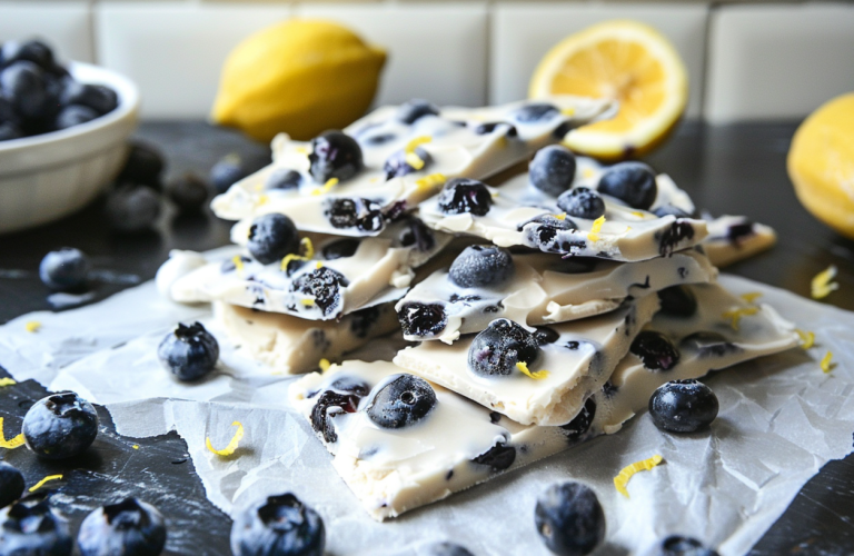 Dairy-free lemon blueberry frozen yogurt bark with blueberries and lemon zest on parchment paper.