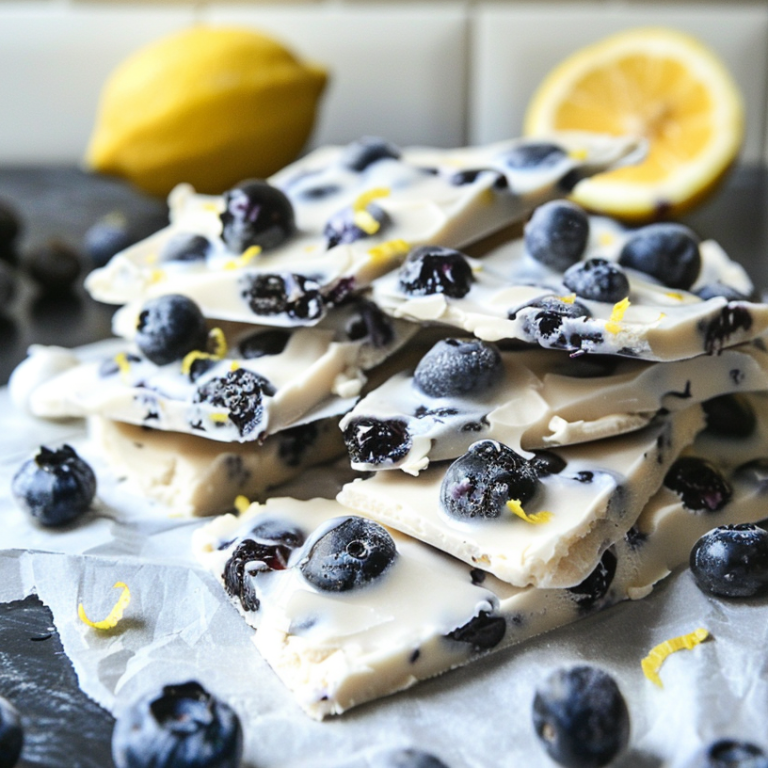 Dairy-free lemon blueberry frozen yogurt bark with blueberries and lemon zest on parchment paper.