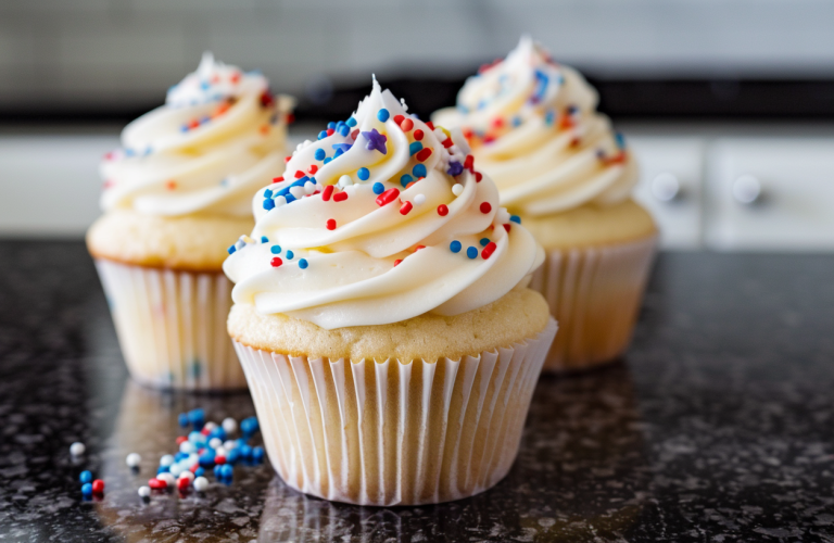 Fourth of July white dairy-free cupcakes with red, white, and blue sprinkles